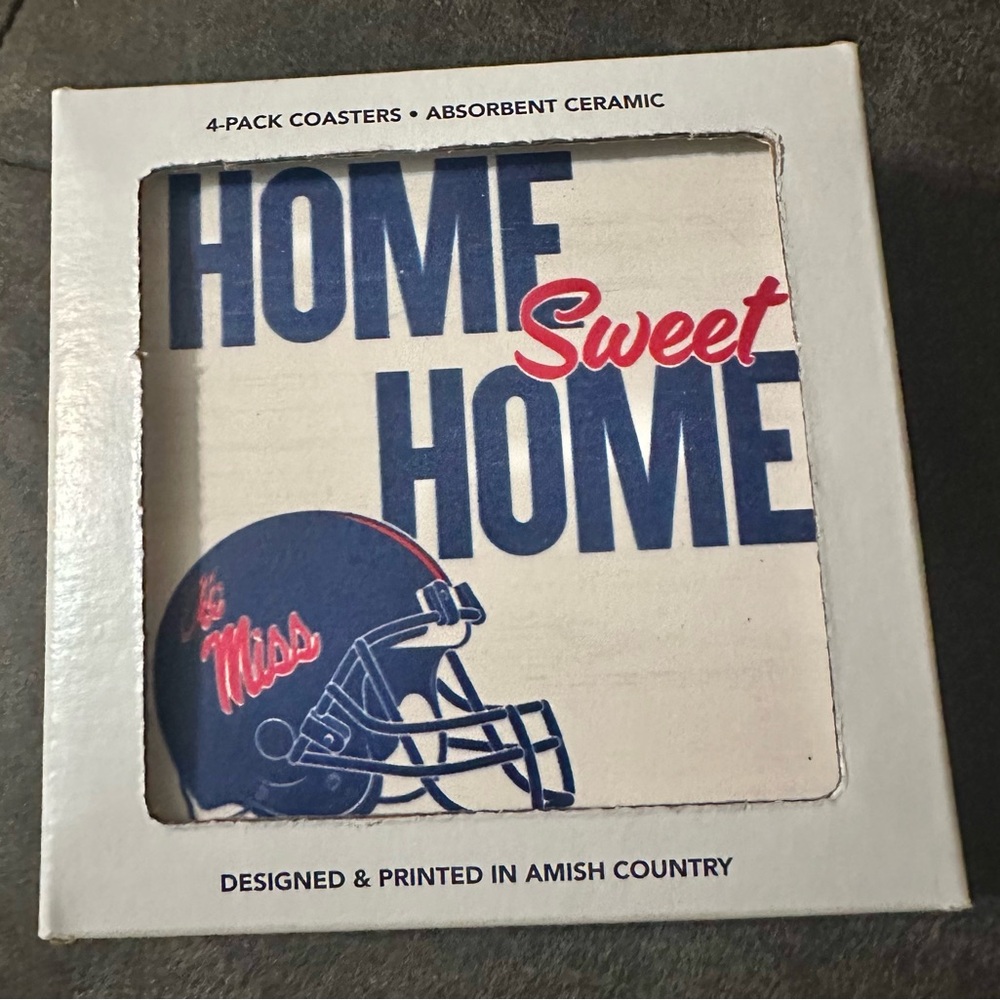 4-Pack Ole Miss Mississippi Ceramic Football Coasters Home Sweet Home NIB